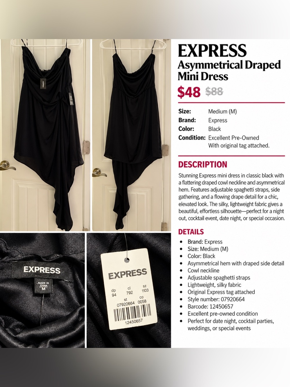 Express Black Asymmetrical Draped Cowl Neck Dress Size Medium